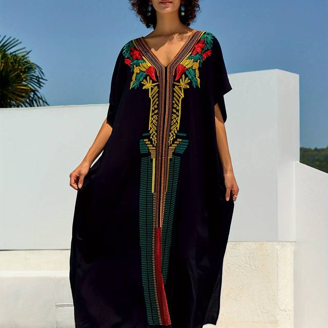 TEMU Women's Bohemian Style Beach Cover-up, Long Sleeve Vacation Dress With Floral Embroidery, Bikini Swimsuit Sun Protection Robe, Plus Size Fashion