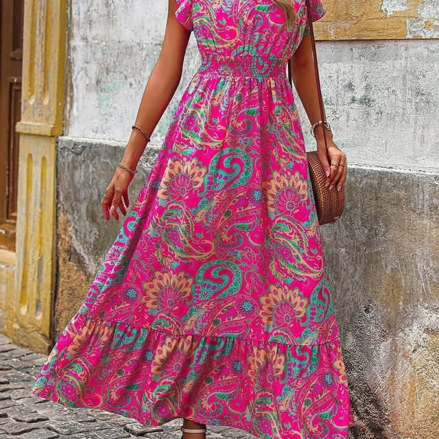 TEMU 1pc Women's Paisley Print Shirred A-line Dress, 100% Polyester V-neck Short Ruffle Sleeve Long Dress For Spring/summer