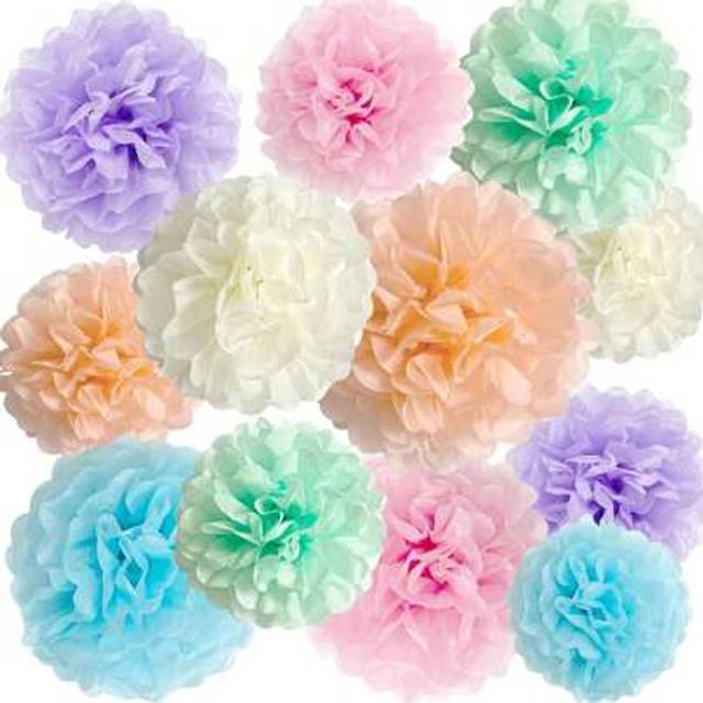 SHEIN 12PCS Colorful Paper Flower Party Decorations, Easter Macaron Paper Flower Pom-Poms For Hanging Decor, Birthday Party Table Decorations