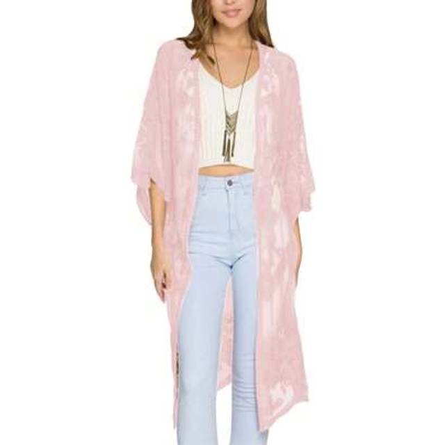 SHEIN Women&#39;s Sheer Lace Kimono Cover-Up 3/4 Sleeve Floral Embroidery Long Open Beach Cardigan Casual Resort Wear See-Through Beachwear