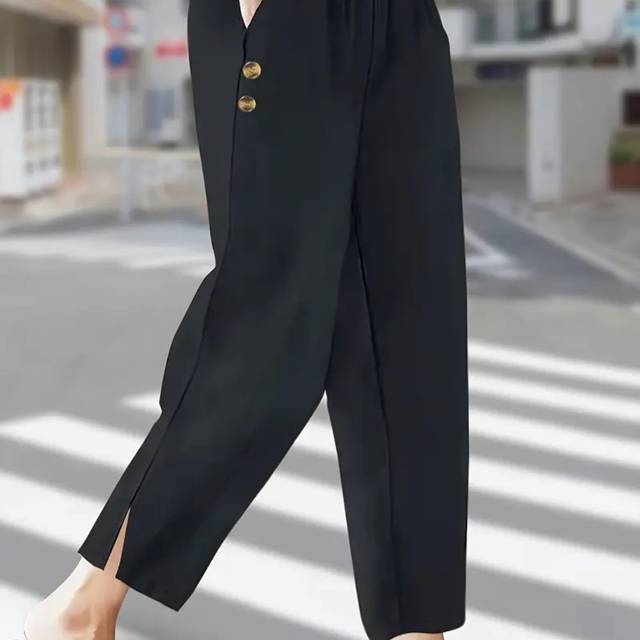 TEMU Plus Size Women's Casual Straight-leg Joggers - Elastic Drawstring Waist With Golden Button Detail, Lightweight Non-stretch Fabric, Machine Washable Summer Pants For Casual Attire