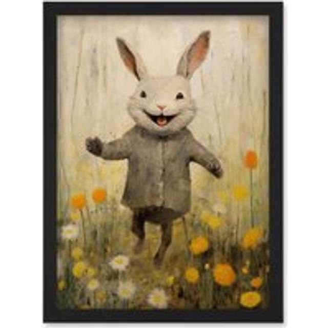 Wall Art Print mac Rabbit Happy Bunny Flower Meadow Kids Girls Bedroom Nursery Artwork Framed A4 - Black - A4