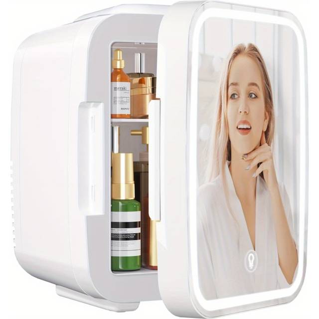 TEMU Mini Fridge For Bedroom, Skincare Fridge With Led Light Mirror, 4l Small Fridge Portable, 220v Ac/ 12v Thermoelectric Warmer & Cooler For Car Office Dorm