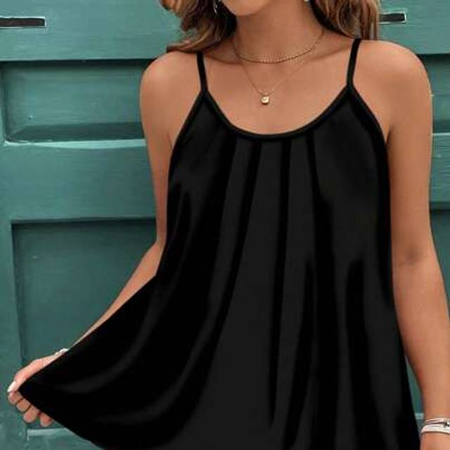 SHEIN Plus Size Women Full Print Camisole Vest, Casual Minimalist Elegant Black Solid Color Plus Size Women Camis And Tanks, Suitable For Summer