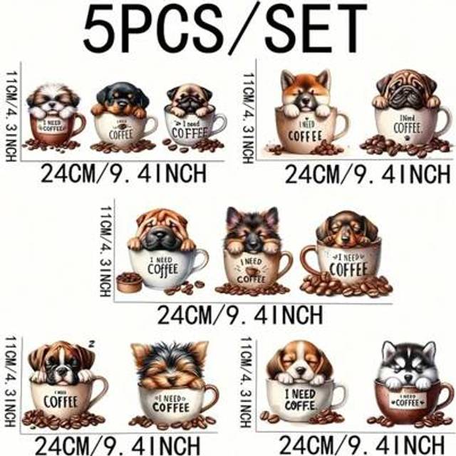SHEIN 5pcs Dog Coffee Mug Transfer Paper, 16oz Glass Jars - Cute Animal Designs With &#34;I Need Coffee&#34; Phrases, UV DTF Self-Adhesive Decor Wraps For Mugs, Mug