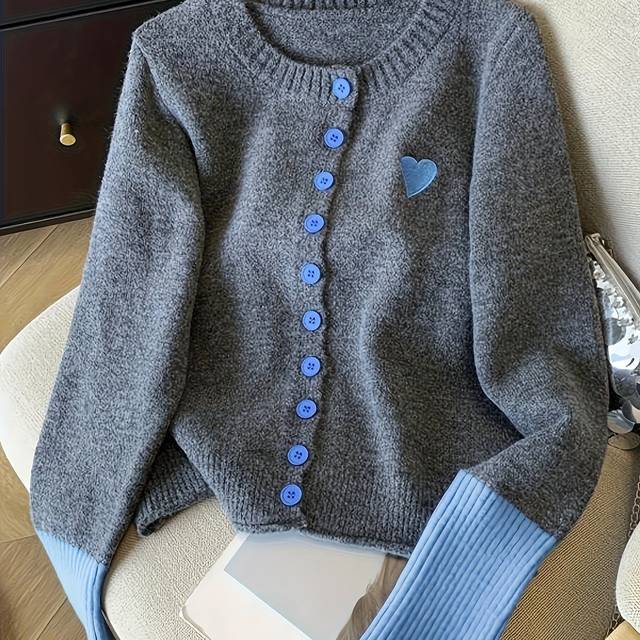 TEMU Women's Casual Crew Neck Sweater Cardigan - & Gray, Short, Color With Heart Detail, Spring & Fall, Casual Wear|color Block Sweater| Cardigan