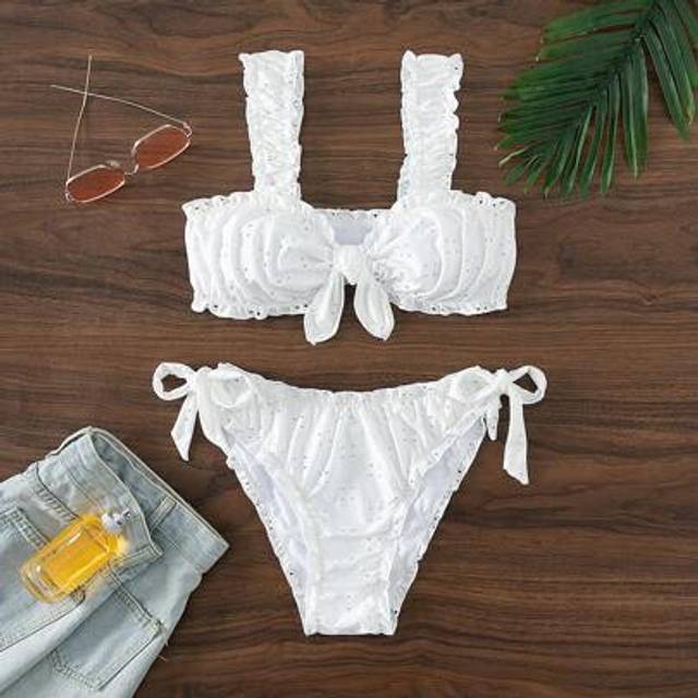 SHEIN Drawstring Strap Ruffle Bikini Set With Triangle Bottoms & Side Tie