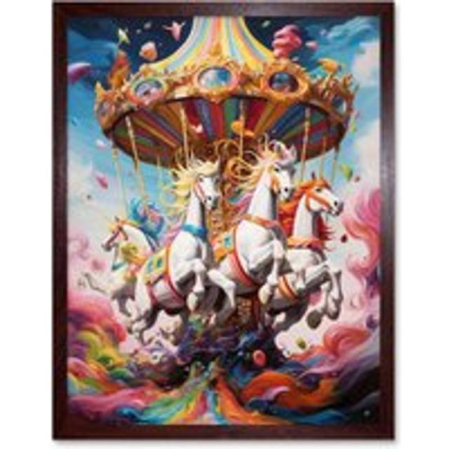 Wall Art Print Magical Carousel in Rainbow Clouds Bright Bold Vibrant Fantasy Kids Bedroom Baby Nursery Artwork Art Framed - Brown - W12 inch x H16 in - W12 inch x H16 inch