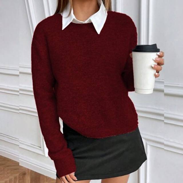 Calvaya Casual Style Solid Color Crew Neck Long Sleeve Knit SweaterKnit PulloverFall Winter Outfit
