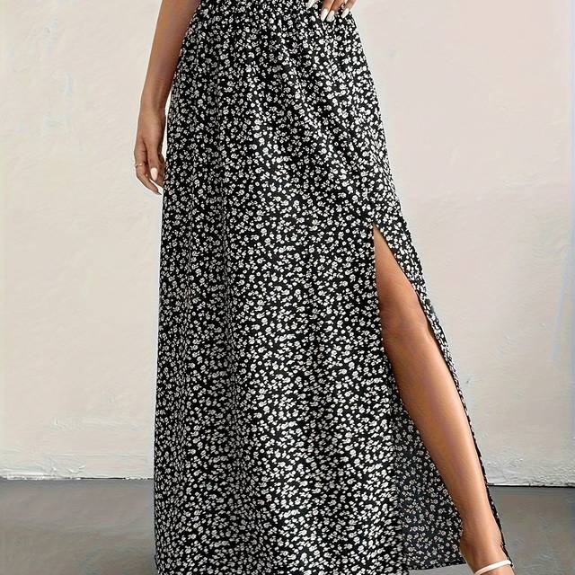TEMU Women's Long Floral Maxi Skirt - High-waisted, Side Slit, Casual Polyester Blend, Machine Washable - Black & White Dalmatian Print For Spring/summer/fall