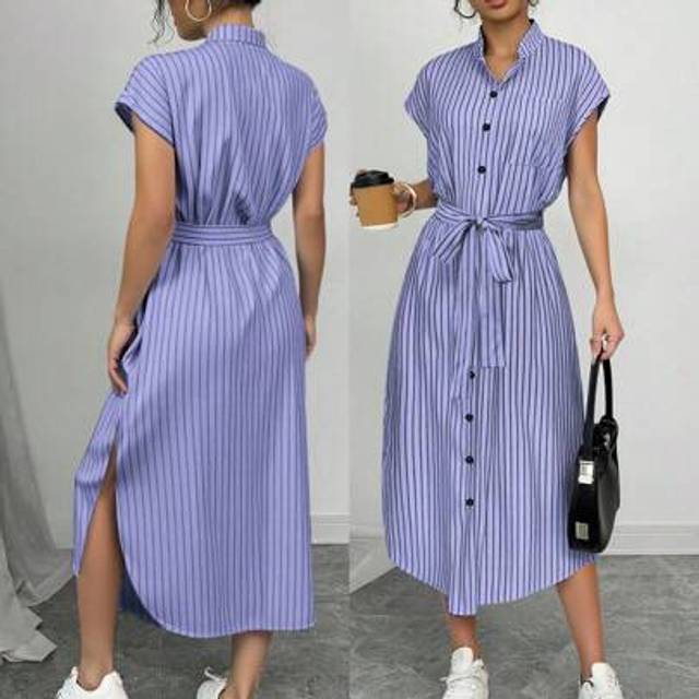 Calvaya Romantic Elegant Graduation Concert Outfit Business Casua Old Money Style Anouk Yve Aura Quiet Style Commuter Blue Striped Shirt Dress Short Sleeves P