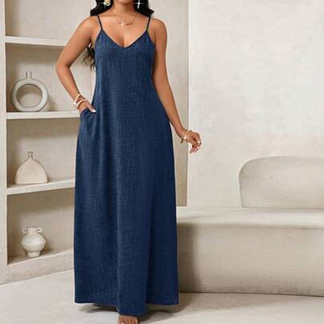 SHEIN Blue Women Lady Boho Backless Women Ladies Baggy Maxi Dress Women Dresses Loose Strapless Birthday&Event Dresses /Holiday Dresses Vacation Outfits Wom
