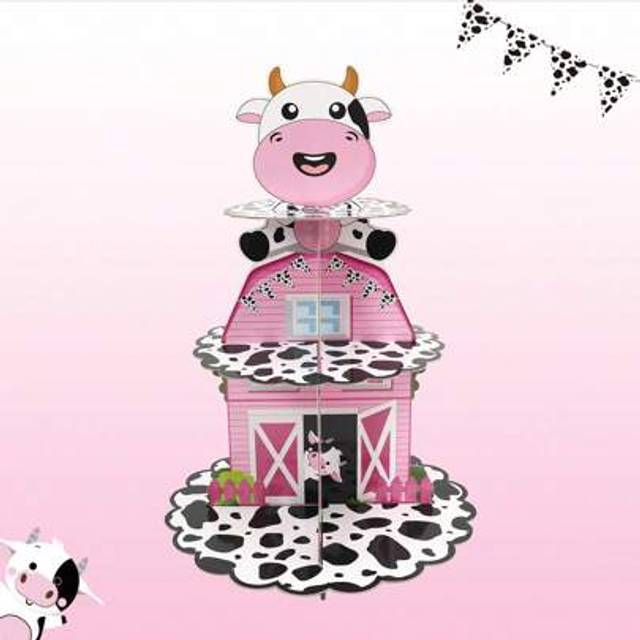 SHEIN 1Set 3 Tiers Pink Cow Cupcake Cake Stand,Cow Farm Animal Theme Birthday Party Decoration,Cardboard Cupcake Stand Holder,Cupcake Tower Dessert Holder,