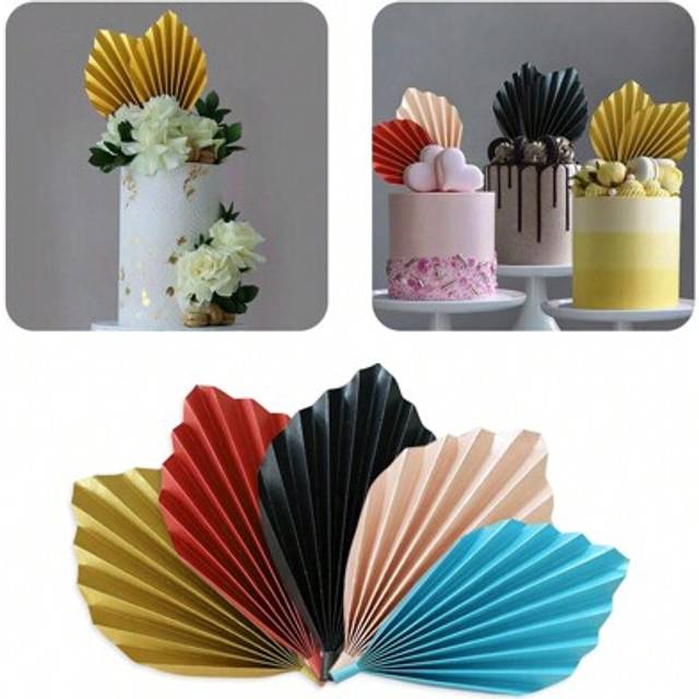 SHEIN 2pcs Palm Spear Happy Birthday Cake Toppers Gold Folding Fan Party Cake Topper Wedding Dessert Decoration,Christmas