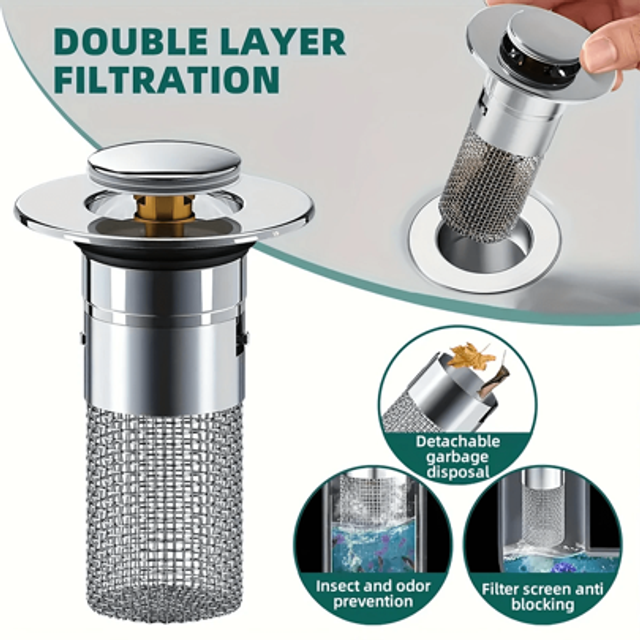 SHEIN Stainless Steel Pop-Up Bathroom Sink Plug With Hair Filter & Drain Sieve - 304 Stainless Steel, Suitable For 1.1-1.29-Inch Drains, Detachable And Easy
