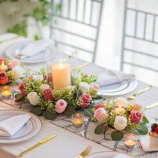 SHEIN 1pc Fake Flower Plants Leaves Candle Rings, Artificial Silk Rose Flowers Plant Wreath Candles Holder, Plastic Small Floarl Farmhouse Wreath For Weddin