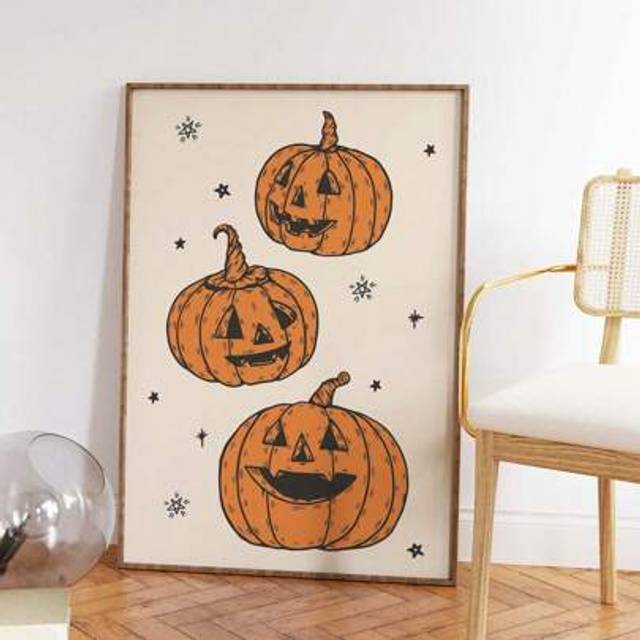 SHEIN 1pc Cute Halloween Pumpkin Wall Art Fashionable Spooky Poster With Whimsical Ghost Print, Frameless Canvas Decor For Girls Room/Dorm/Party, Kawaii Gif