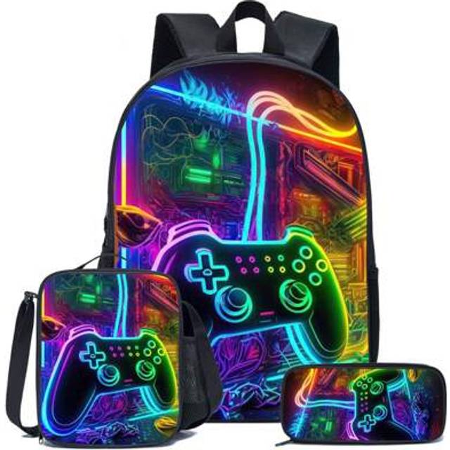 SHEIN 3pcs Game-Black/Neon/Colours Themed Backpack Set With Lunch Box & Pencil Case&Storage Bag - Durable Polyester, Lightweight, Fashionable Mixed Colors