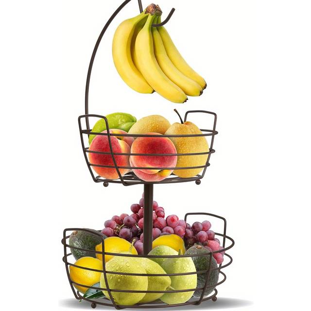 TEMU 2 Tier Fruit Basket, With Banana Hanger, Kitchen Countertop Fruit Rack, Metal Fruit Vegetables Bowls, Portable & Detachable Fruit Vegetable Storage Holder - Bronze
