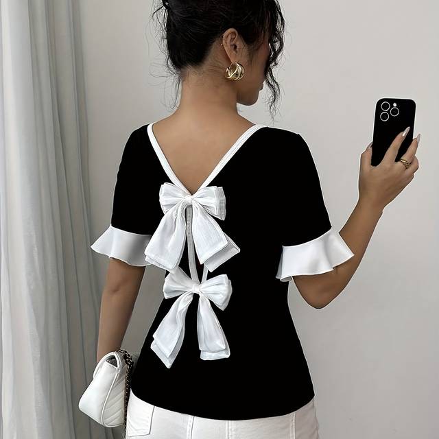 TEMU Women' Round Neck Short Sleeve T-shirt With Back Bow Detail - Black And , Casual Top, Casual Wear | Round Neck Top | Color Block Pattern, Ladies T Shirts