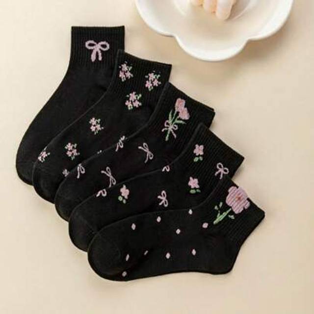 SHEIN 1/5 Pairs Women Cute Bow Flower Pattern Short Socks, Fashionable & Comfortable, Moisture-Wicking, Versatile For Daily Wear, Sports, Casual, Suitable F