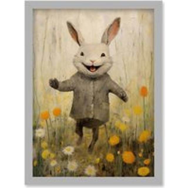 Wall Art Print mac Rabbit Happy Bunny Flower Meadow Kids Girls Bedroom Nursery Artwork Framed A4 - Grey - A4