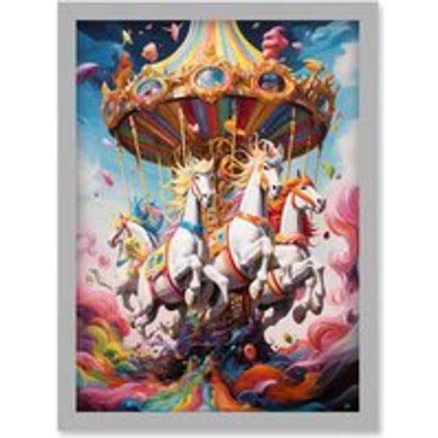 Wall Art Print Magical Carousel in Rainbow Clouds Bright Bold Vibrant Fantasy Kids Bedroom Baby Nursery Artwork Framed A4 - Grey - A4