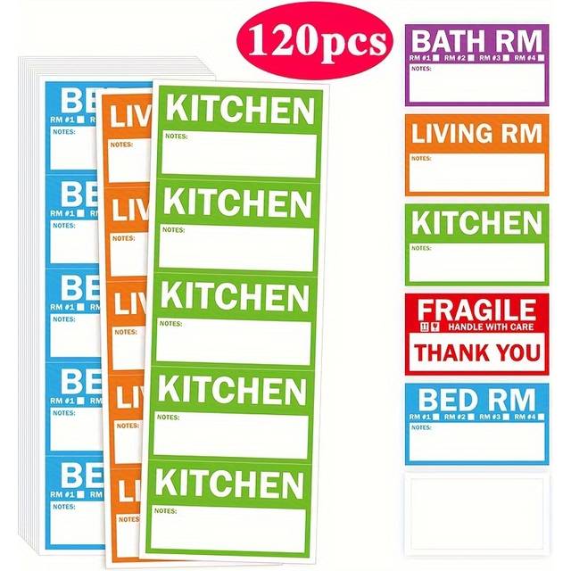 TEMU 60/120pcs Color-coded Removable Home Moving Labels - 3.6 X 2 Inch Fragile Stickers With Checklists For Kitchen, Bathroom, Bedroom & More - No Residue ,