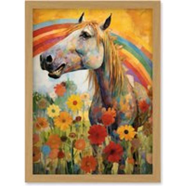 Wall Art Print Girls Bedroom Nursery Artwork Rainbow Horse With Flowers Bright Colourful Happy Artwork Framed A4 - Tan - A4