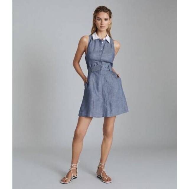 Reiss contrast collar mira dress uk 6 blue white chambray rrp 185 belted