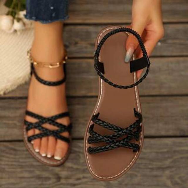 SHEIN New Summer Casual Fashion Striped Criss-Cross Woven Solid Open Toe Slide Flat Sandals For Women