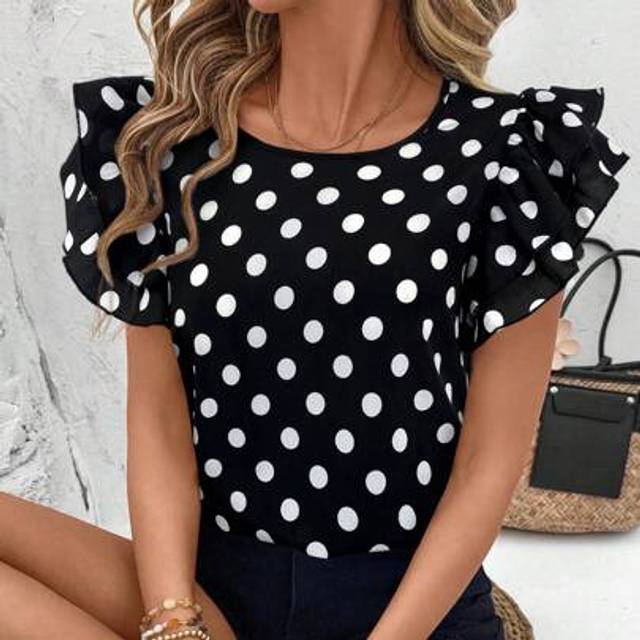 Luneh SHEINLUNE Women Plus Size Contrast Cap Sleeve Round Neck Polka Dot Blouse Summer Outfits For Women Summer Clothes Cute Summer Tops Rave Outfits Festiv