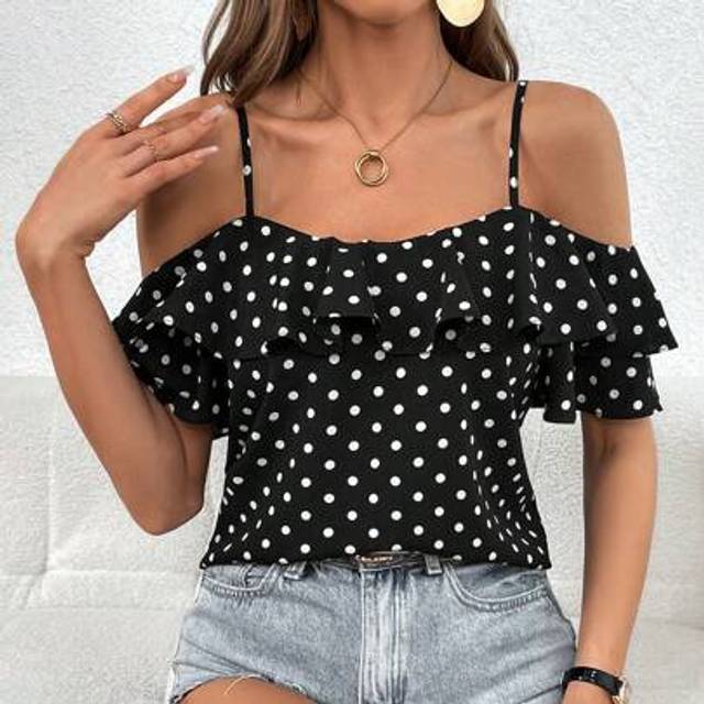 SHEIN Polka Dot Cold Shoulder Ruffle Trim Blouse