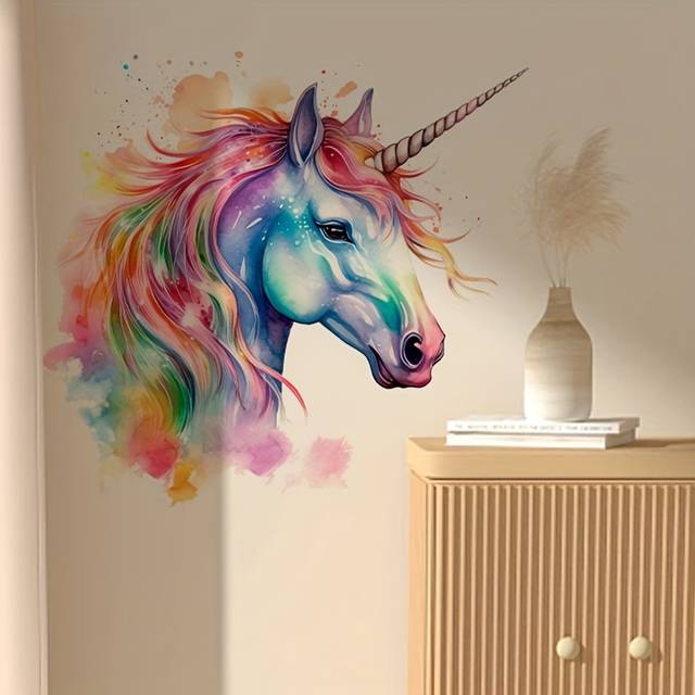 TEMU Unicorn Wall Decal, Cartoon Horse Theme Pvc Self-adhesive Removable Sticker For Bedroom, Living Room, Study, Home Decor - Detachable Rectangle Shape
