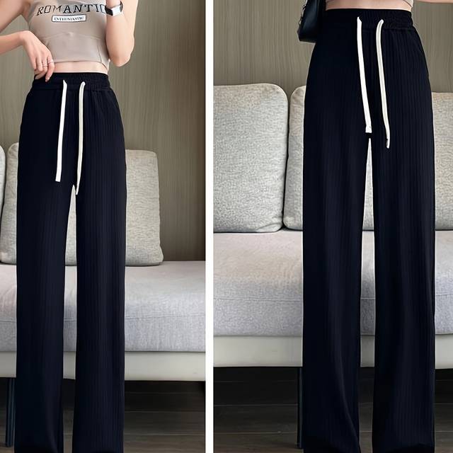 TEMU 1pc Women's High-waisted Wide-leg Pants - Lightweight 100% Polyester Summer Trousers With Drawstring Waist, Loose Fit Korean Style Casual Black Straight Leg For Everyday
