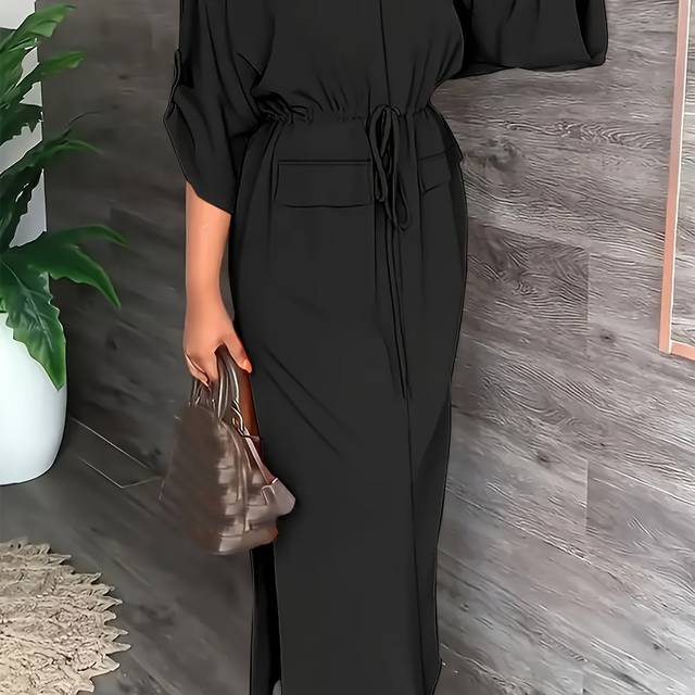 TEMU Plus Size - Elegant Black Drawstring Maxi Dress With Side Slit - Sleeveless, Ruched Waist, For Women - Spring/summer/fall, Casual To Formal Wear, Wear | Ruched Waist Dress | Smooth Texture