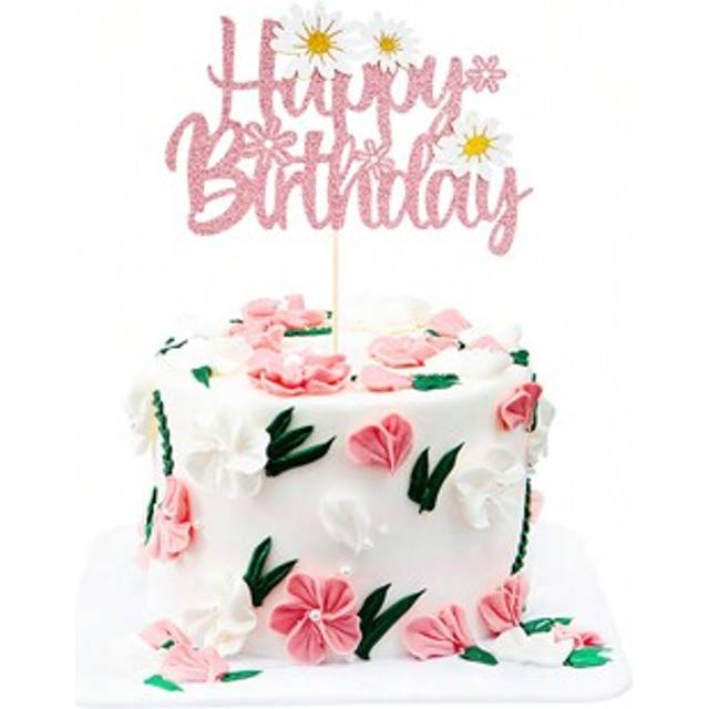 SHEIN 1 Pc Daisy Flower Happy Birthday Cake Topper, Pink Dasiy Flowers Cake Decor, Summer Chrysanthemum Daisy Birthday Party Supplies, White Daisy Flower Th