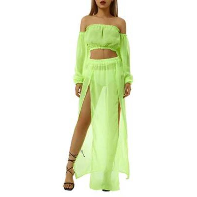 SHEIN Women Beach Cover Up Dress 2pcs Set Long Puff Sleeve Off Shoulder Tops Cover Up High Split Skirt Suit Vacation