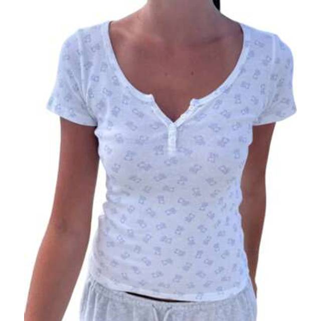 SHEIN Women&#39;s Henley T-Shirt Cute Bear Print Short Sleeve Scoop Neck Slim Fit Summer Casual Crop Tops