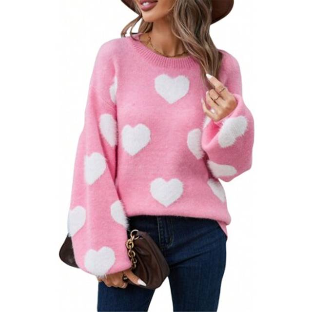 SHEIN Women Y2k Valentines Oversized Knit Sweater Heart Print Long Sleeve Crew Neck Loose Pullover Tops Streetwear
