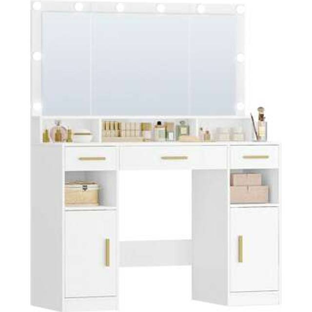 SHEIN Dressing Table With Large Mirror, Vanity Desk With Mirror LED, 3 Light Colors, Makeup Desk, 3 Drawers, 2 Storage Cabinets, 5 Open Compartments, 40 * 1