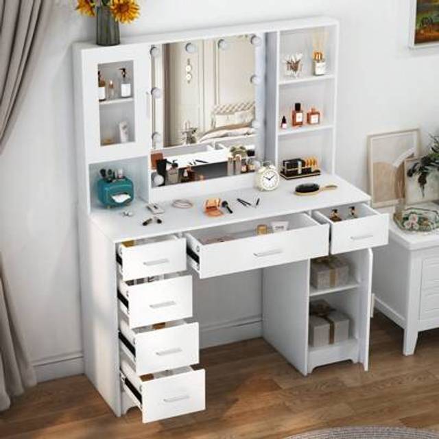 SHEIN 10 LED Lighted Mirror Makeup Dressing Table With 6 Drawers Vanity Desk Set White