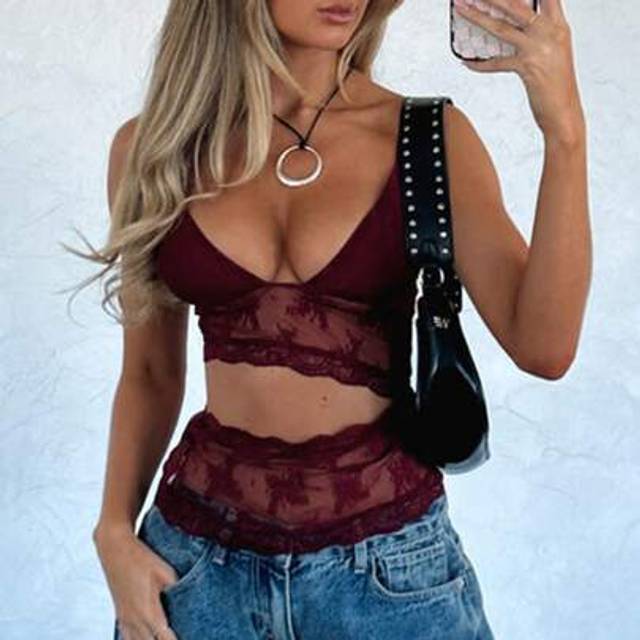SHEIN Women Y2K Floral Lace Camisoles Plunge Neckline Sleeveless Sheer Backless Spaghetti Strap Tank Tops Summer Slim Fit Vests Tops Going Out Streetwear