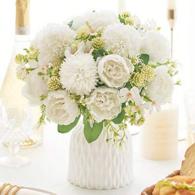 SHEIN 1 Bunch Artificial Flowers, Fake Peony Hydrangea Flowers Bouquet Silk Carnations Realistic Flower Arrangements Wedding Decoration Table Centerpieces