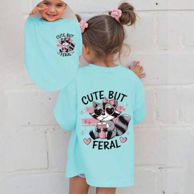 SHEIN Young Girl Casual Cute Racoon Drinking Bubble Tea & Heart Slogan Graphic Short Sleeve Round Neck T-Shirt For Summer