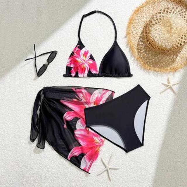 SHEIN 3pcs/Set Teen Girls Fashionable Floral Print Bikini Swimsuit Set With Cover-Up Skirt Young Girls Sets Bathing Suits For Teens Sets Bathing Suits For 1