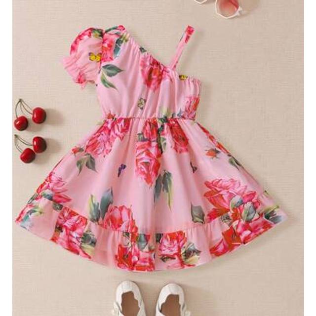 SHEIN Baby Girl Summer Casual Asymmetrical Neckline Short Sleeve Floral Print Dress
