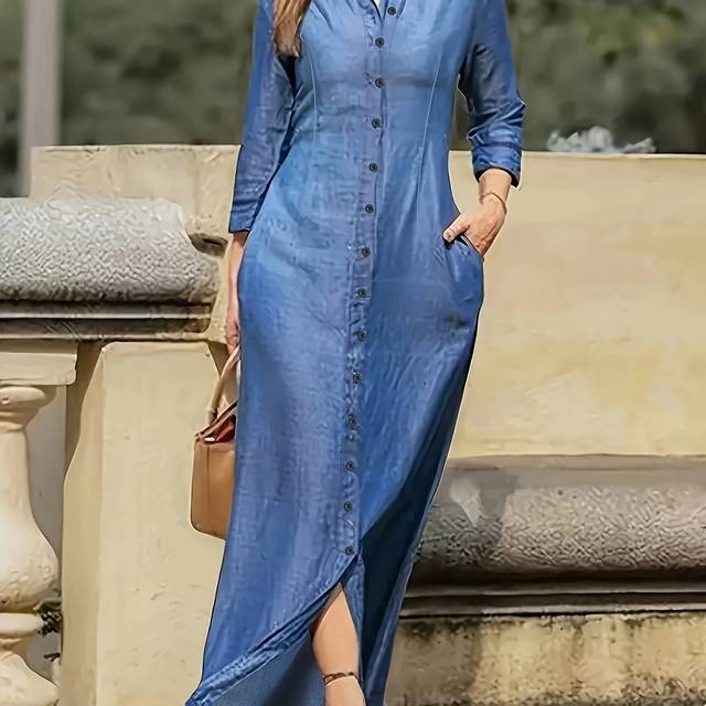 TEMU Women's Elegant Solid Color Long Sleeve Dress, Polyester 100% Tent Silhouette, Regular Fit, Lapel Collar, Button Detail, Spring/fall Season, Woven Fabric, 165 G/m² - Versatile Fashion For Adult