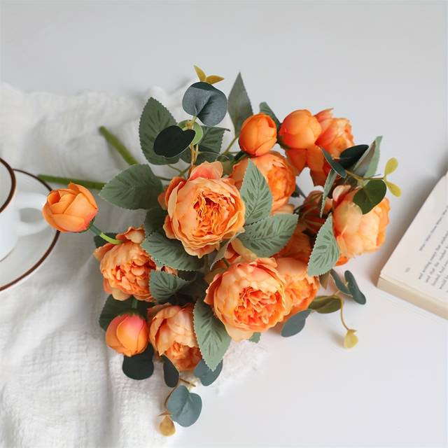 TEMU 2 Bunches Of Artificial Peony And Camellia Bouquets, White, Pink And Orange Silk Flowers, Used For Home Decoration, Wedding Decoration, Indoor Decoration, Spring And Summer Decoration