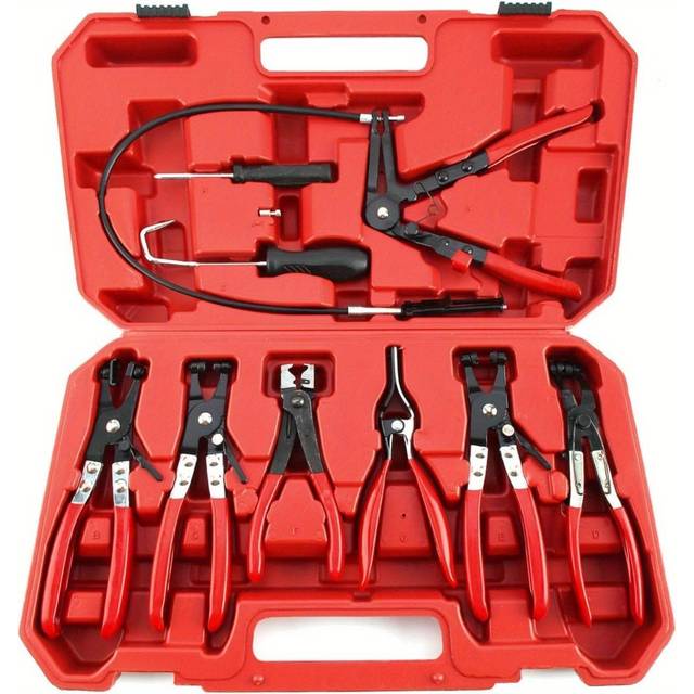 TEMU 9pcs Hose Clamp Pliers Flexible Spring Long Hose Clip Pliers Carbon Steel Automotive Car Maintenance Repair Tools With Case For Fuel Pipes Oil Pipes Radiator (red)